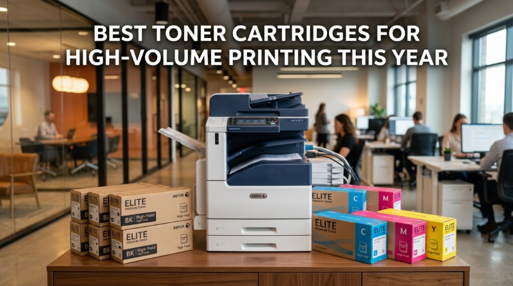 Premium toner cartridges arranged in front of a modern office laser printer with article title text overlay.