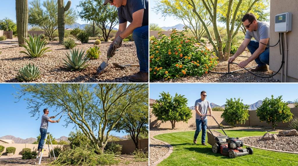 Homeowner watering desert garden plants using drip irrigation system in Phoenix AZ