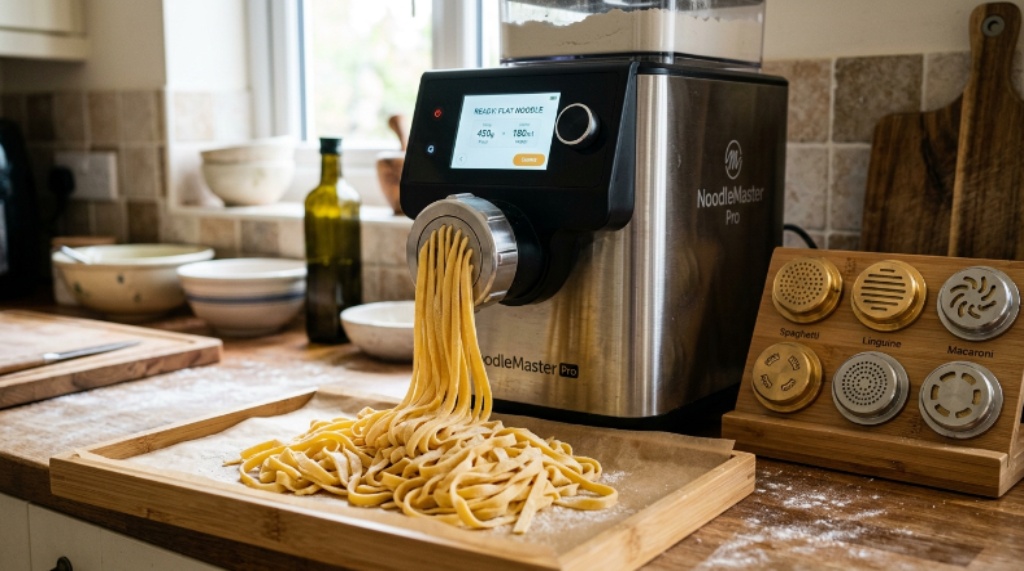 Close-up of a smart noodle appliance with multiple die attachments and freshly made flat noodles beside it