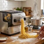 Automatic noodle maker extruding fresh spaghetti strands on a kitchen countertop during meal preparation