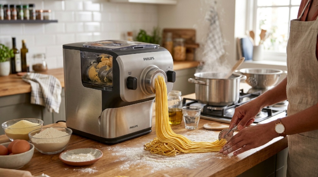 Automatic noodle maker extruding fresh spaghetti strands on a kitchen countertop during meal preparation