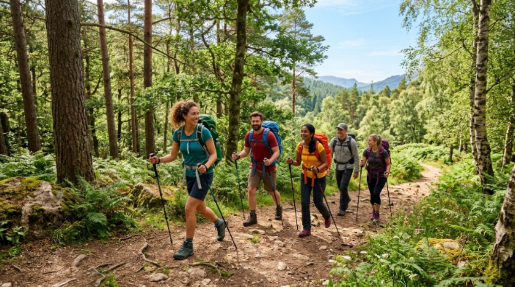A group of friends hiking along a scenic forest trail on a sunny day with backpacks and walking poles