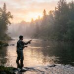 A person standing in a calm river at sunrise, casting a fishing rod surrounded by trees and mist