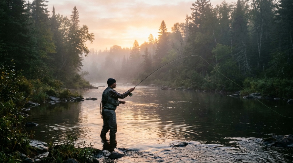 A person standing in a calm river at sunrise, casting a fishing rod surrounded by trees and mist