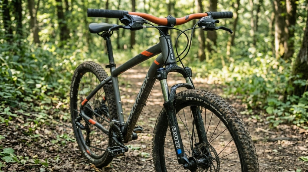 Close-up of a budget mountain bike showing suspension fork, knobby tires, and gear shifters