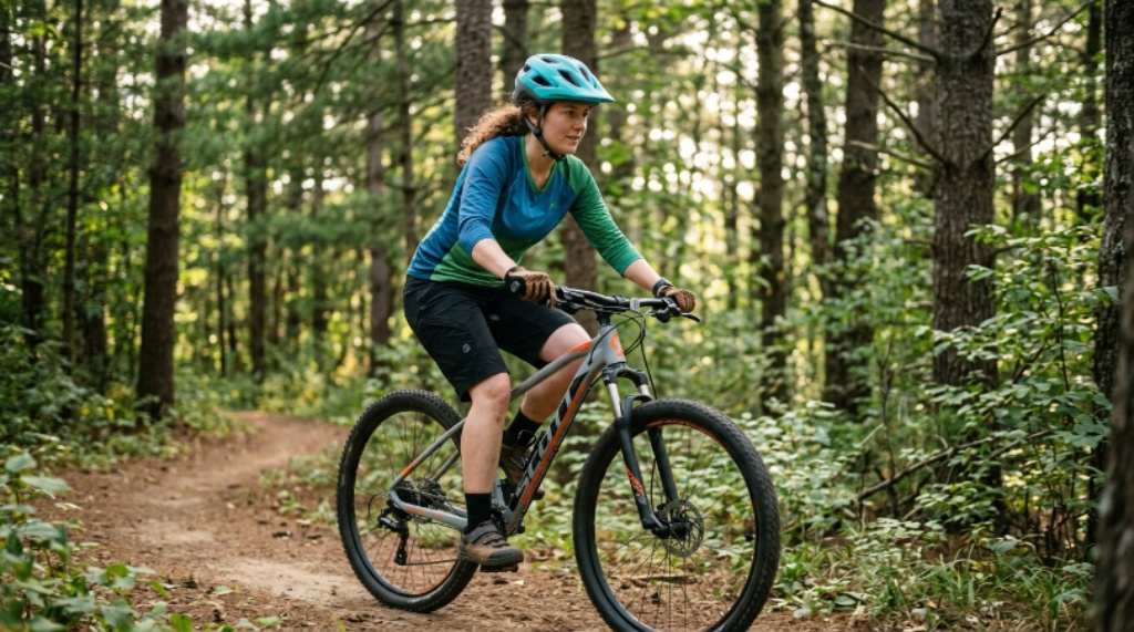 A beginner rider on an entry-level hardtail mountain bike on a dirt trail surrounded by trees