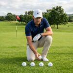 A golfer comparing different golf ball brands on a green fairway