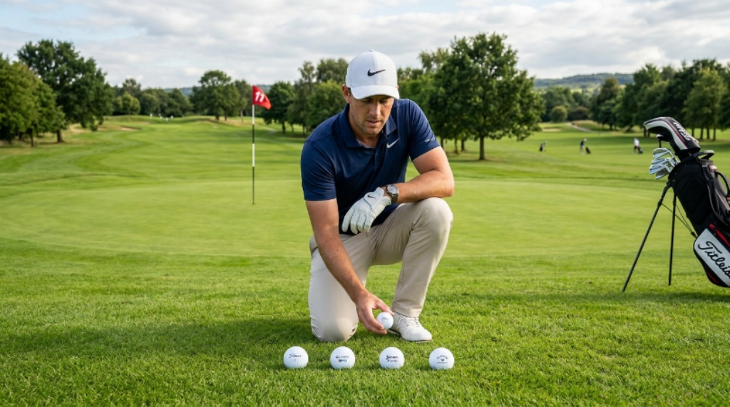 A golfer comparing different golf ball brands on a green fairway