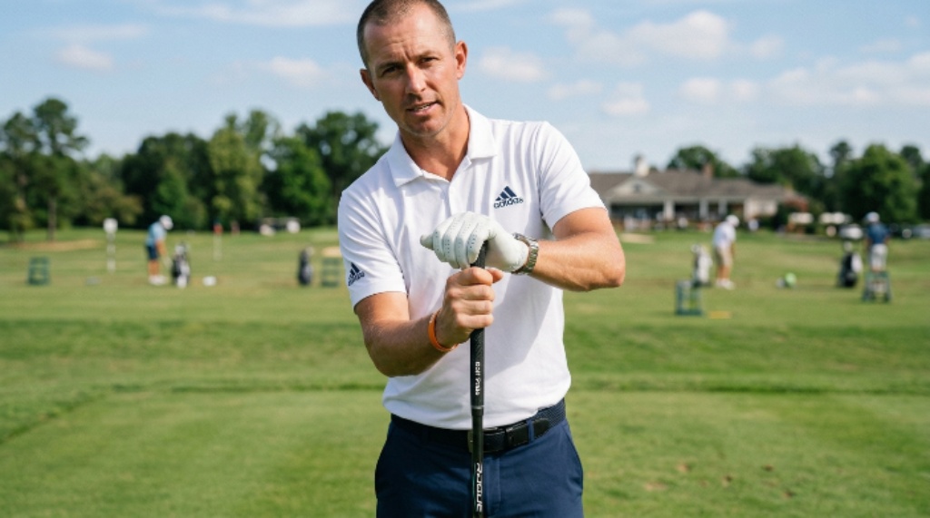 Golfer demonstrating proper hand placement and grip pressure on a golf club