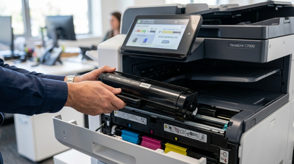 Close-up of an office worker replacing a black toner cartridge inside a large commercial laser printer.