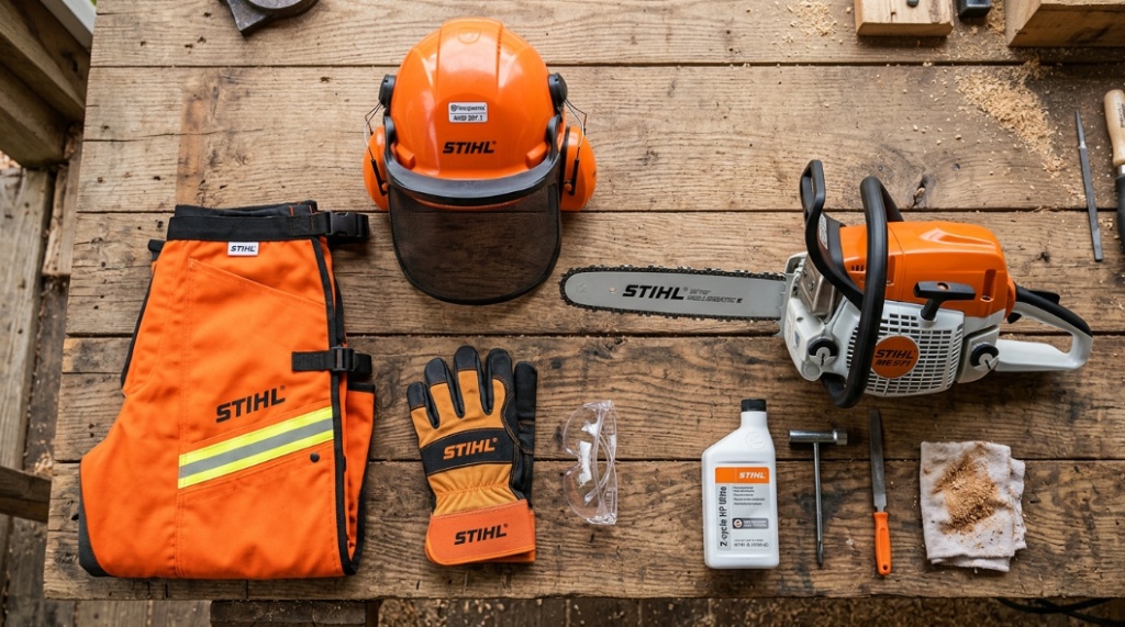 Gas chainsaw resting on a log in the woods with article title text overlay.