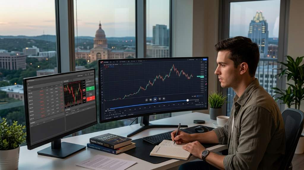 Remote worker in Austin learning trading strategies through chart replay tools before entering live markets