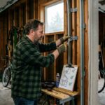 Seattle homeowner adjusting garage door tracks with safety tools in residential garage