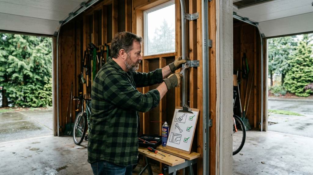 Seattle homeowner adjusting garage door tracks with safety tools in residential garage