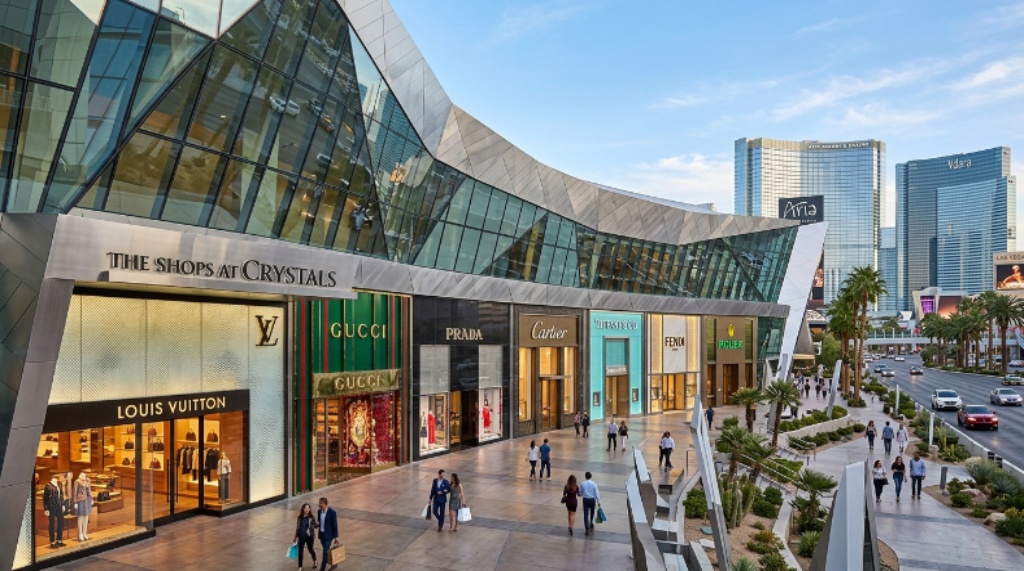 Exterior view of a high-end shopping mall in Las Vegas Nevada with designer brand storefronts