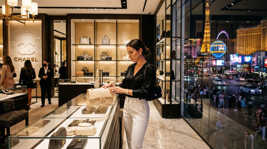 Shopper browsing designer handbags inside a luxury boutique on the Las Vegas Strip in Nevada