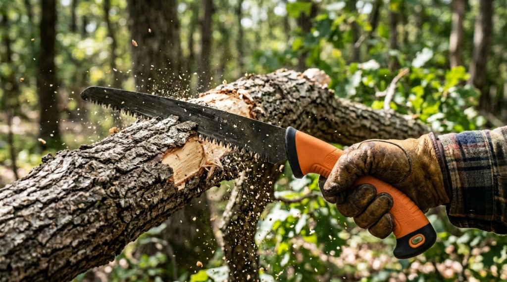 A fixed-blade pruning saw cutting through a thick tree branch with flying sawdust.