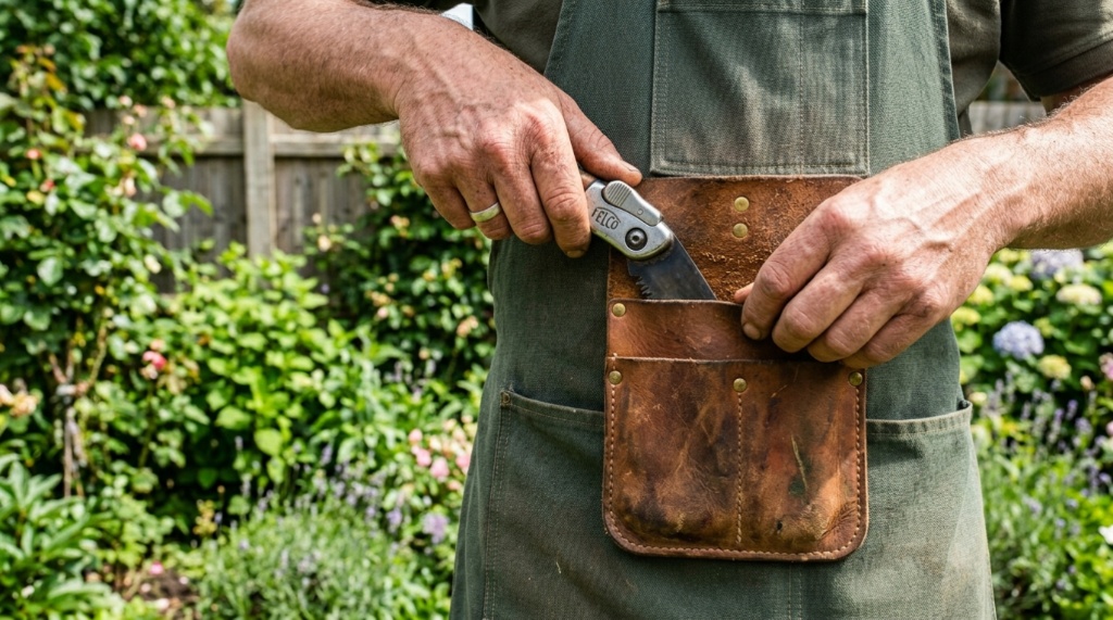 A gardener slipping a closed folding pruning saw into a canvas apron pocket.