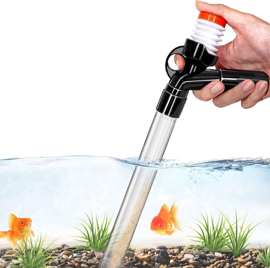 Aquarium gravel cleaner removing waste from a freshwater fish tank with ease.