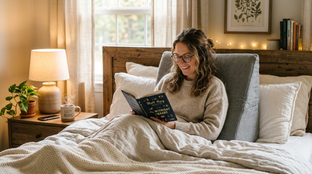 A white wedge pillow resting on a modern bed with sunlit white sheets.