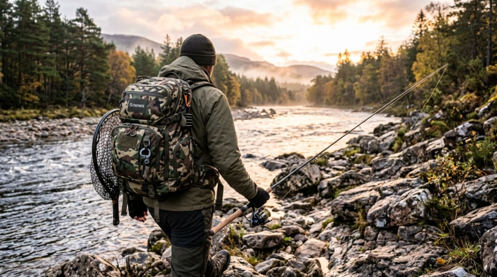 An angler wearing a camouflage fishing tackle bag while walking along a riverbank.