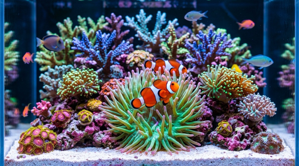 Vibrant coral reef aquarium with clear water showing a healthy marine environment.