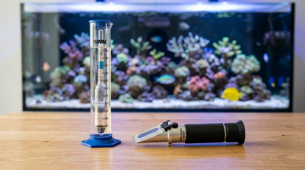 A hydrometer and refractometer tool placed next to a marine aquarium.