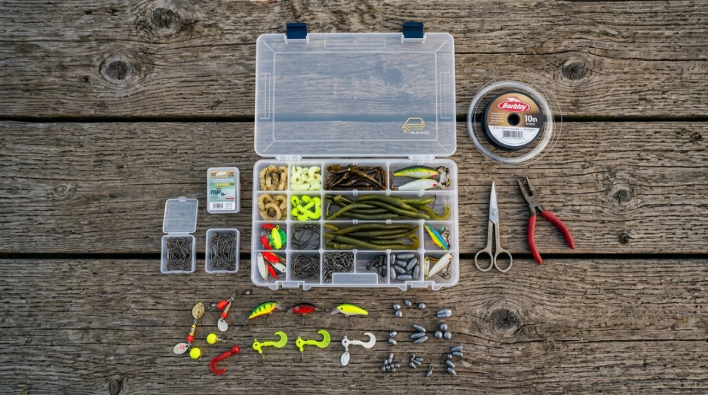 An open plastic budget fishing tackle box sitting on a wooden dock.