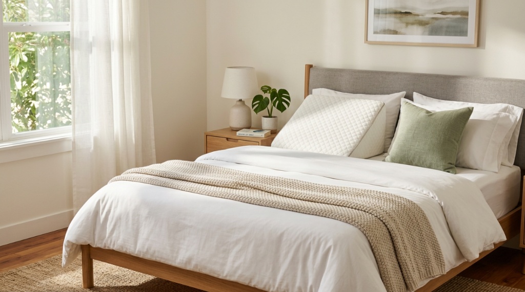 A person sitting up in bed supported by a gray wedge pillow reading.
