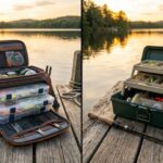 A soft fishing tackle bag next to a plastic hard tackle box on a wooden dock.
