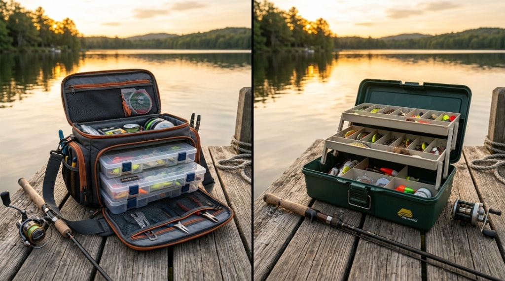 A soft fishing tackle bag next to a plastic hard tackle box on a wooden dock.