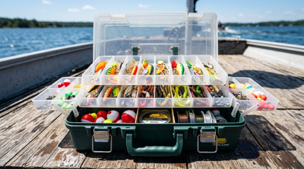 An open plastic fishing tackle box revealing organized colorful lures on a boat.