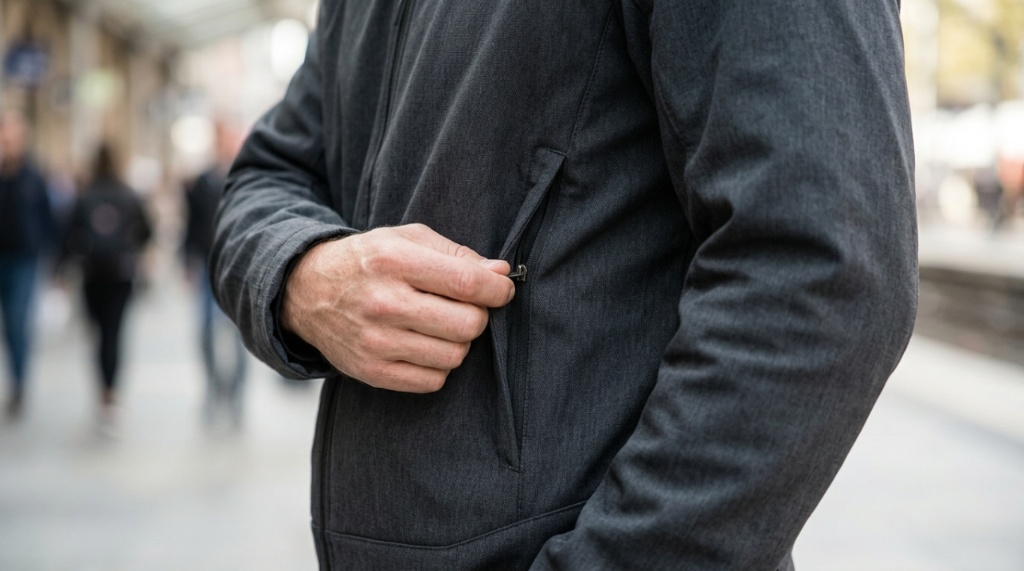 Man wearing black anti-theft sling bag while walking through crowded city street.