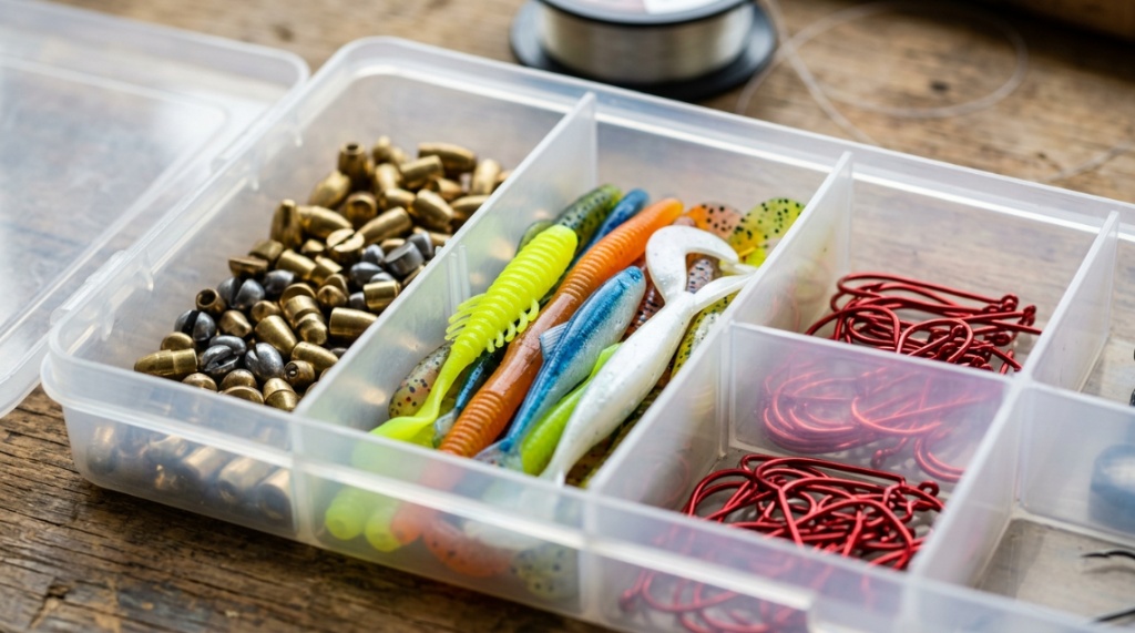 Hands placing affordable fishing lures inside an organized utility box.
