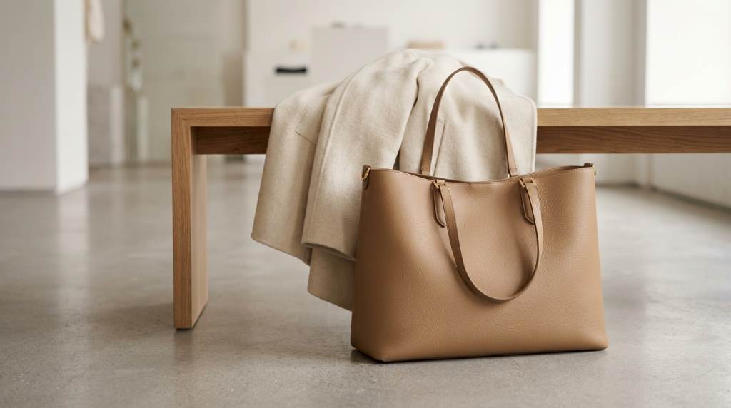 Classic leather handbag collection on wooden shelf