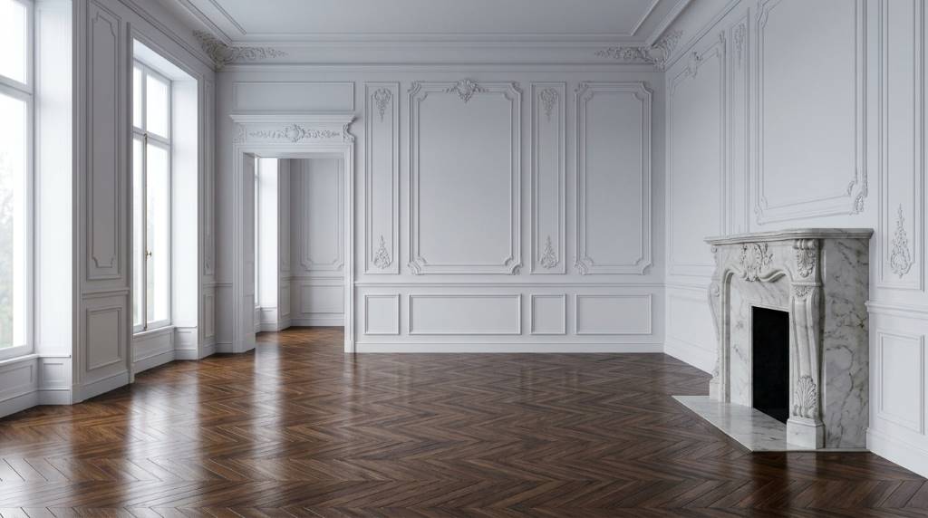 Modern luxury interior featuring marble and hardwood materials