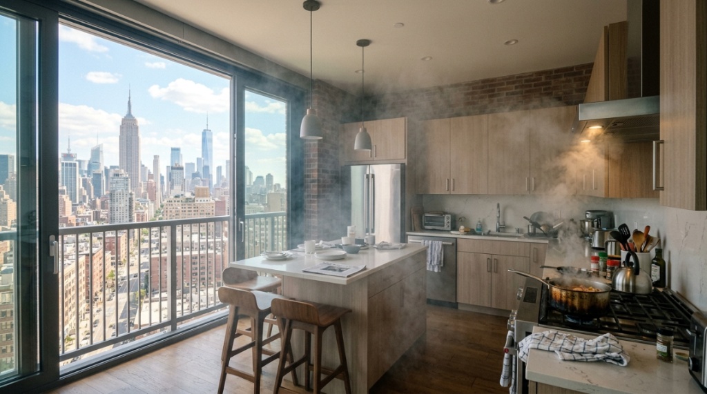 Kitchen filled with smoke with windows open to a city view.