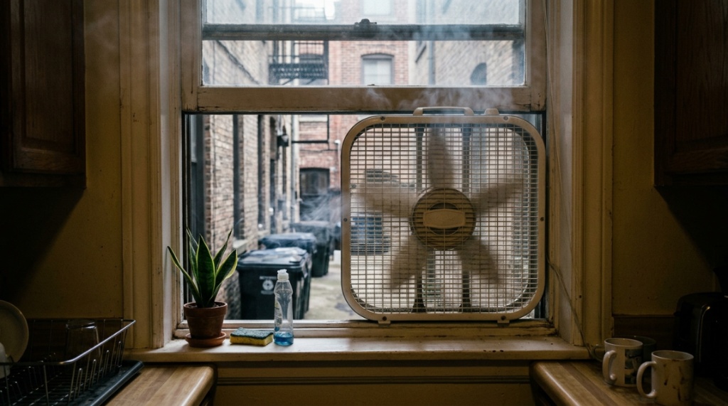 Person turning on an overhead kitchen exhaust range hood fan.