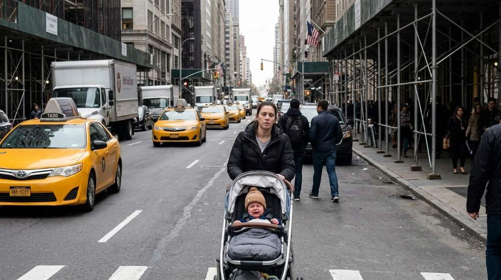 Family walking through busy New York neighborhood