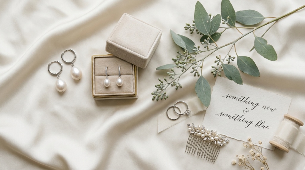 Silver pearl drop earrings displayed on a silk wedding flat lay.
