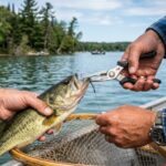 Angler using stainless steel fishing pliers by a Michigan lake.