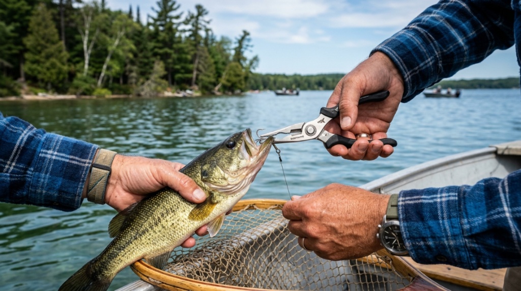 Angler using stainless steel fishing pliers by a Michigan lake.