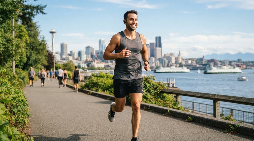 A man wearing a sleek fitness ring while jogging outdoors in Washington.