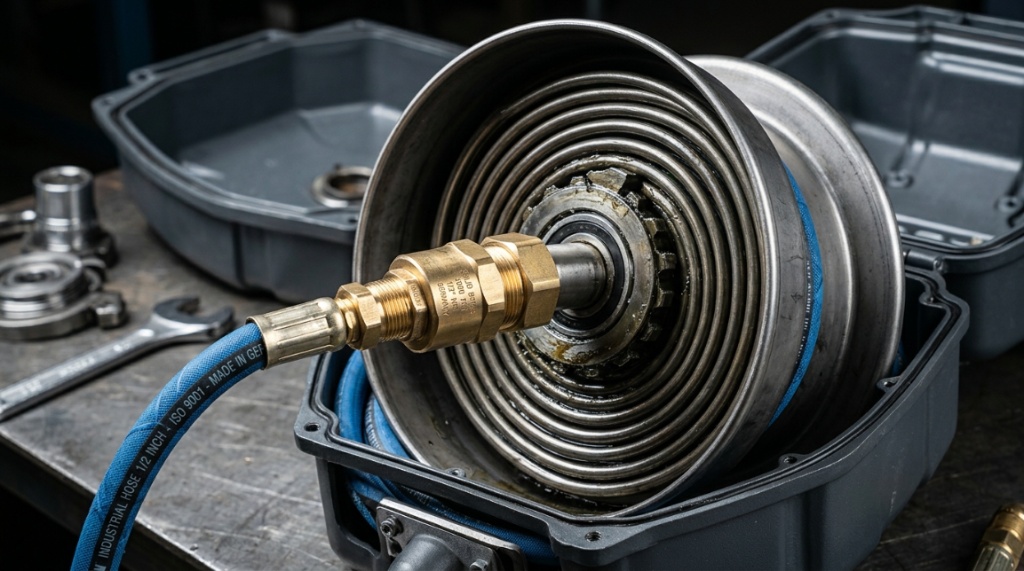Close-up of an internal automatic locking mechanism inside an open garden hose reel box.