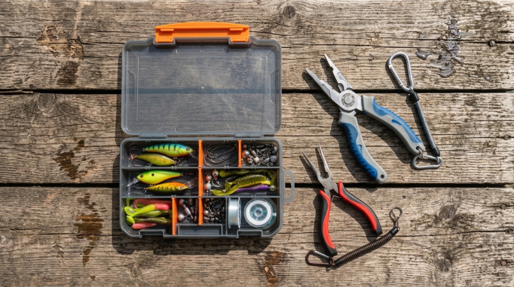 Budget fishing pliers and tackle displayed on a wooden dock.