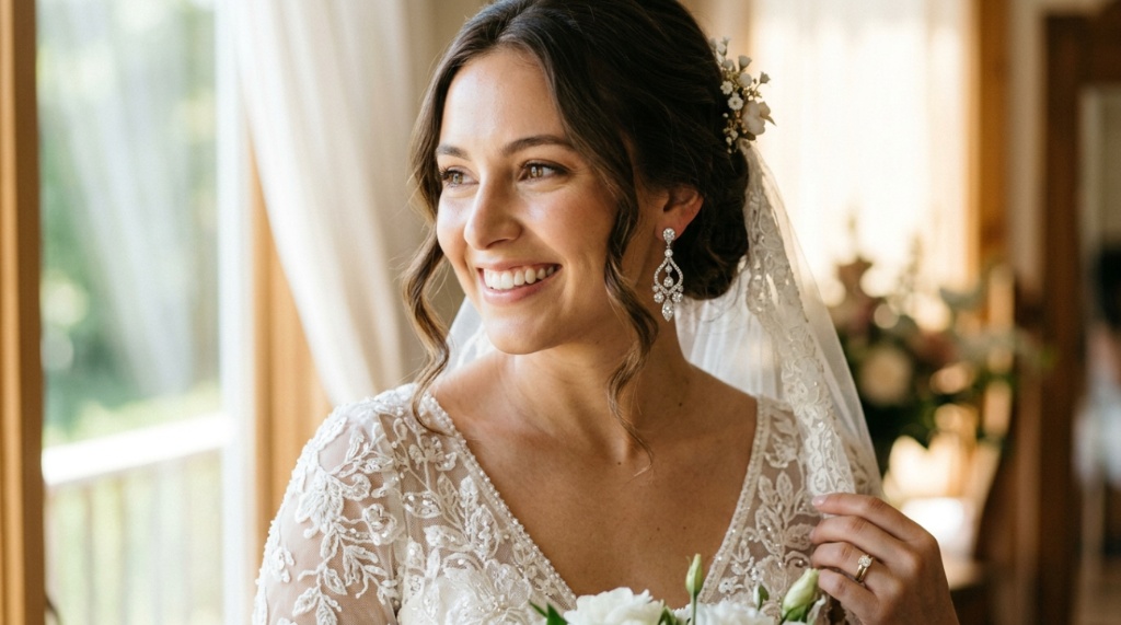 Bride wearing sparkling drop earrings against a lace wedding dress.
