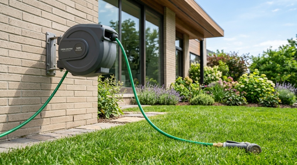 Person installing a heavy-duty retractable garden hose reel on an exterior brick wall.