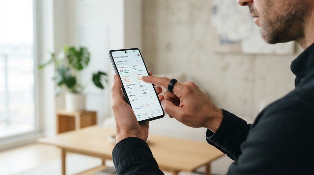 Close-up of a man checking fitness ring health metrics on his smartphone.