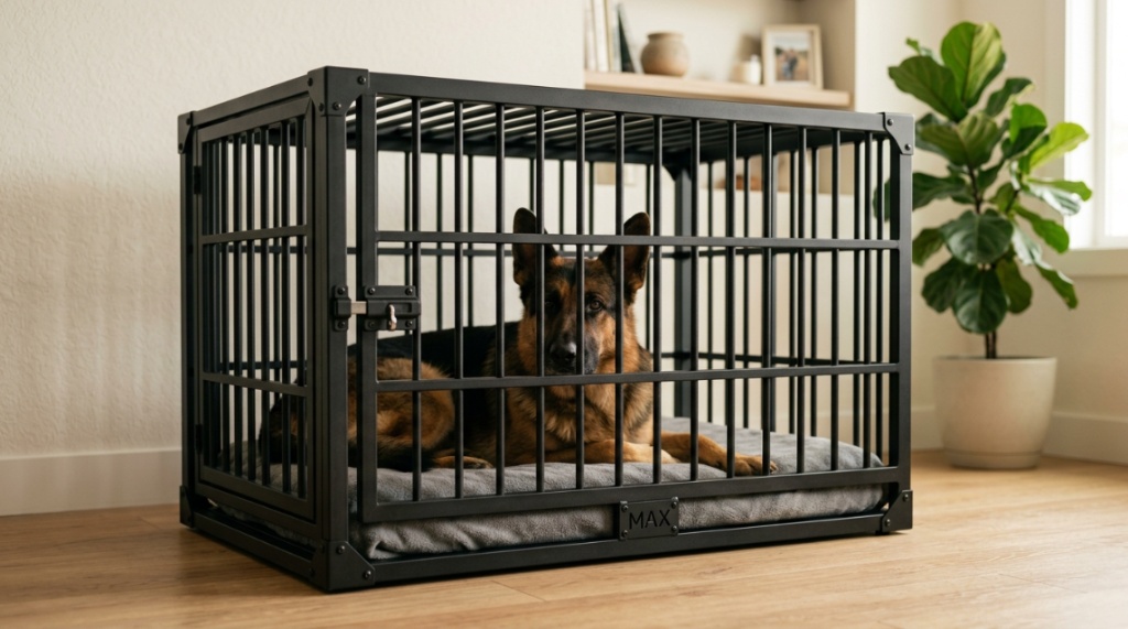Close-up of heavy-duty steel latches and secure locks on a reinforced dog kennel door.