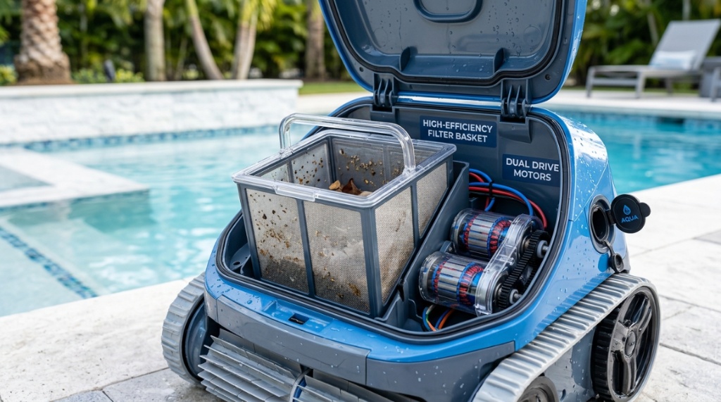 Internal filter basket and dual motors inside a robotic pool cleaner.